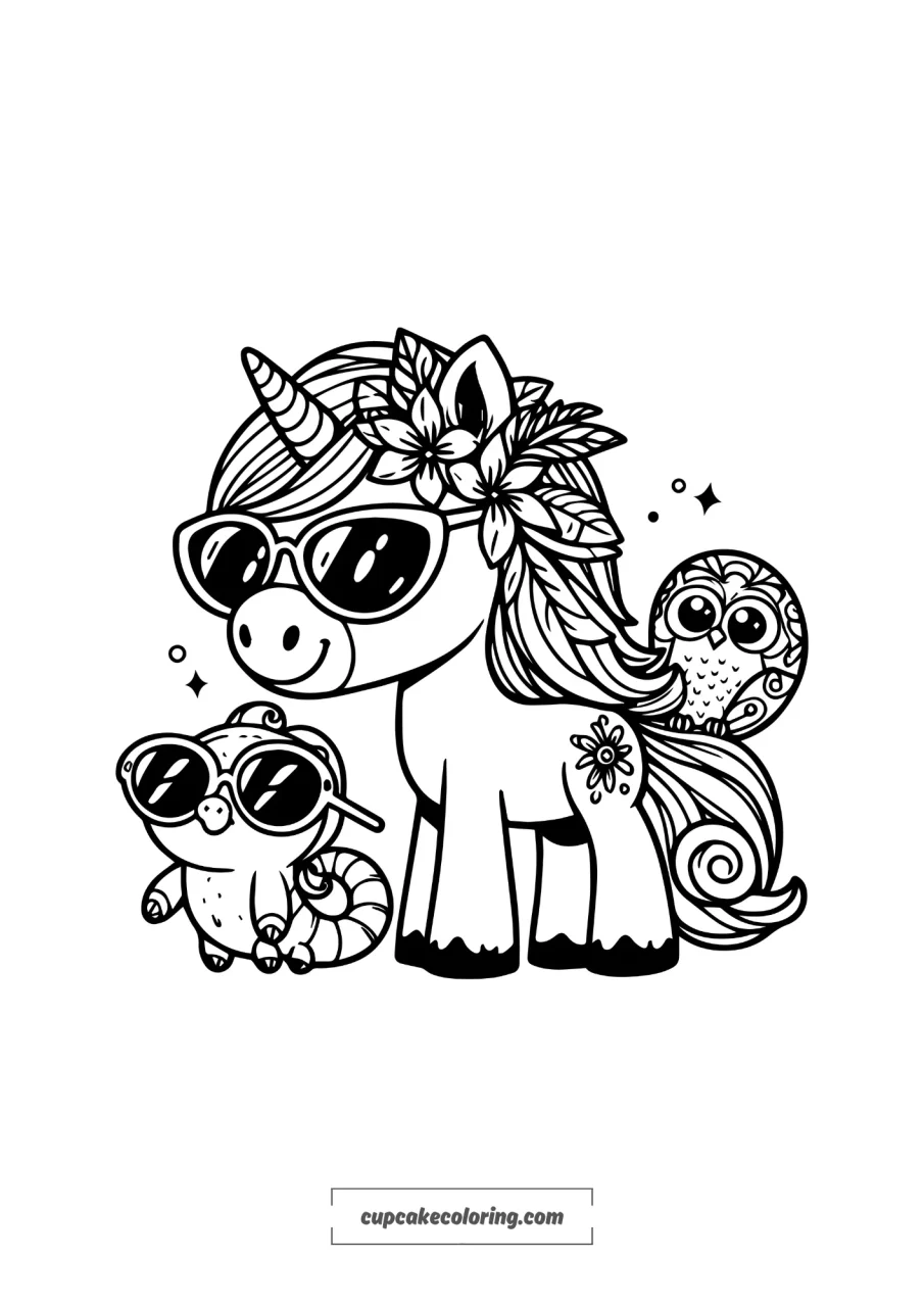 simple coloring page of an cute unicorn, near him an gecko with sunglasses,