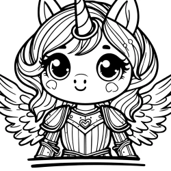 simple coloring page of an female unicorn with wings knight with a shiny armor