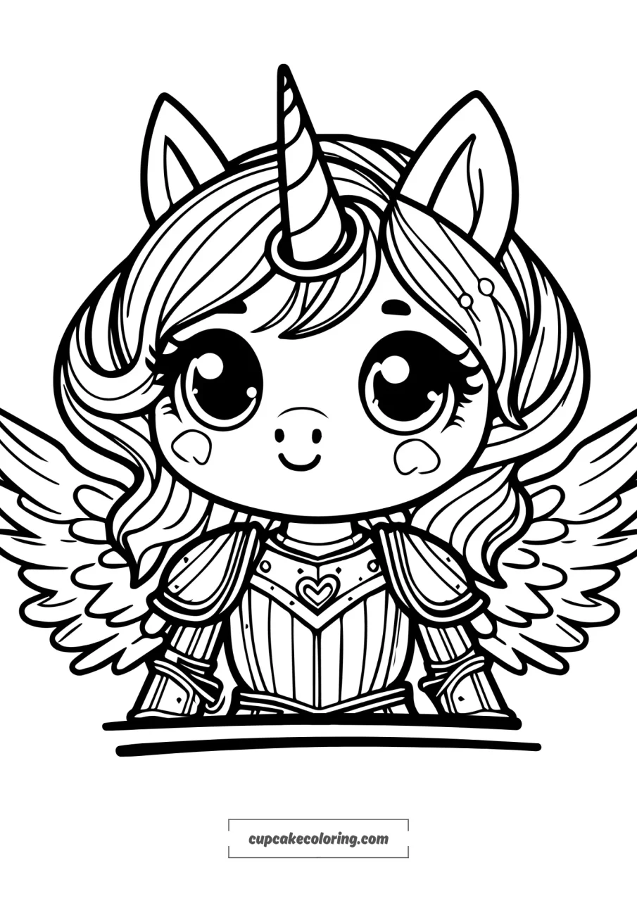 simple coloring page of an female unicorn with wings knight with a shiny armor