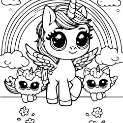 simple coloring page of an realistic adult unicorn with wings walking towards a rainbow with clowds at the end, 2 cute mascote flying mascote are with him