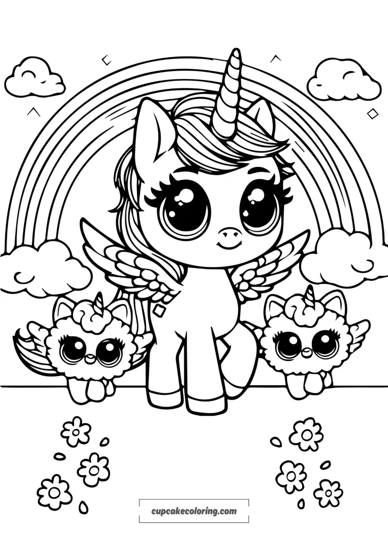 simple coloring page of an realistic adult unicorn with wings walking towards a rainbow with clowds at the end, 2 cute mascote flying mascote are with him