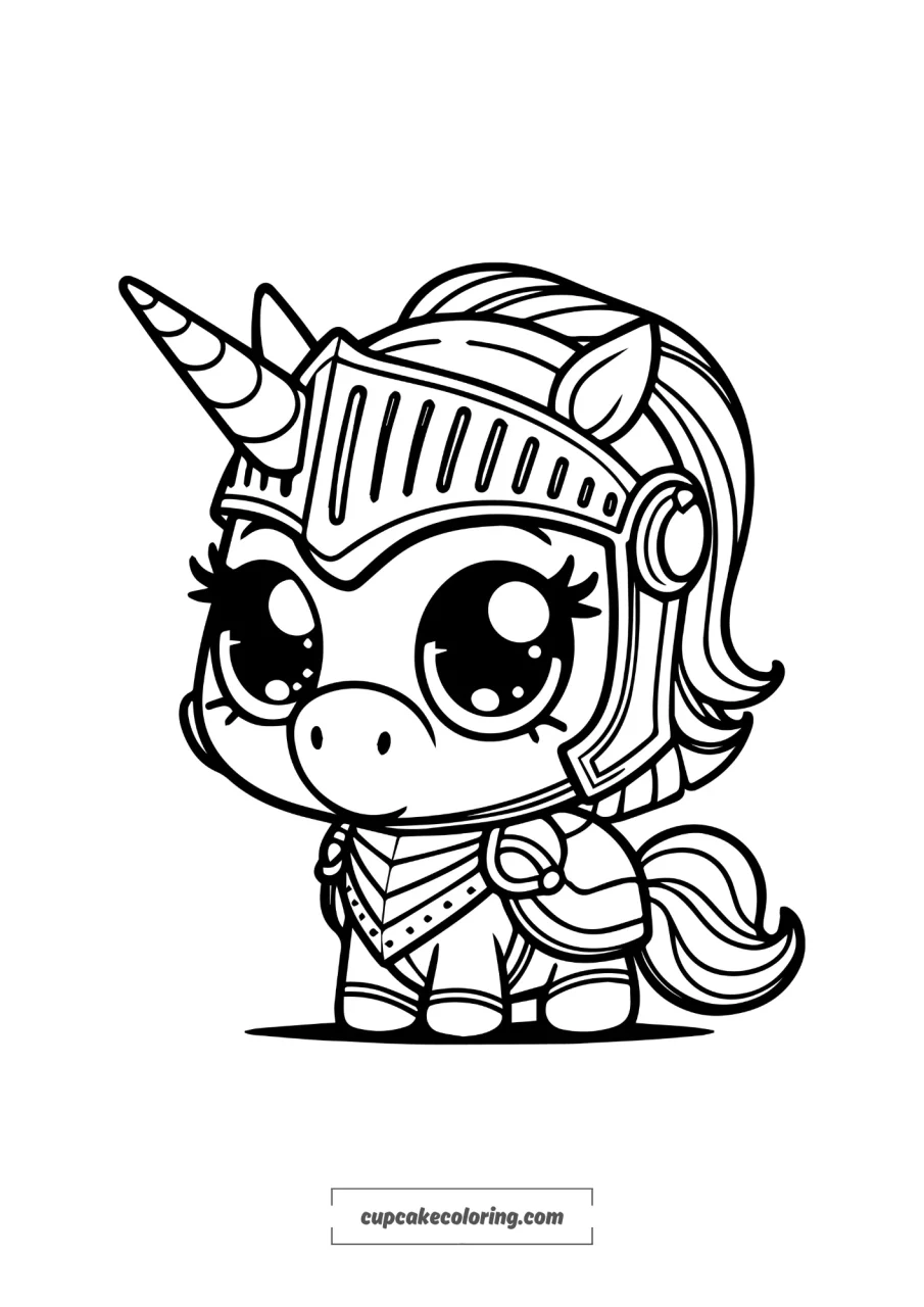 simple coloring page of an unicorn knight with a shiny armor