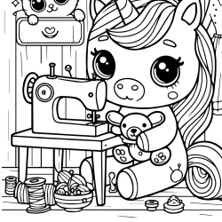 simple coloring page of an unicorn sewing a teddy bear in the sewing shop , a cute cat is watchin him from the bacground free printable