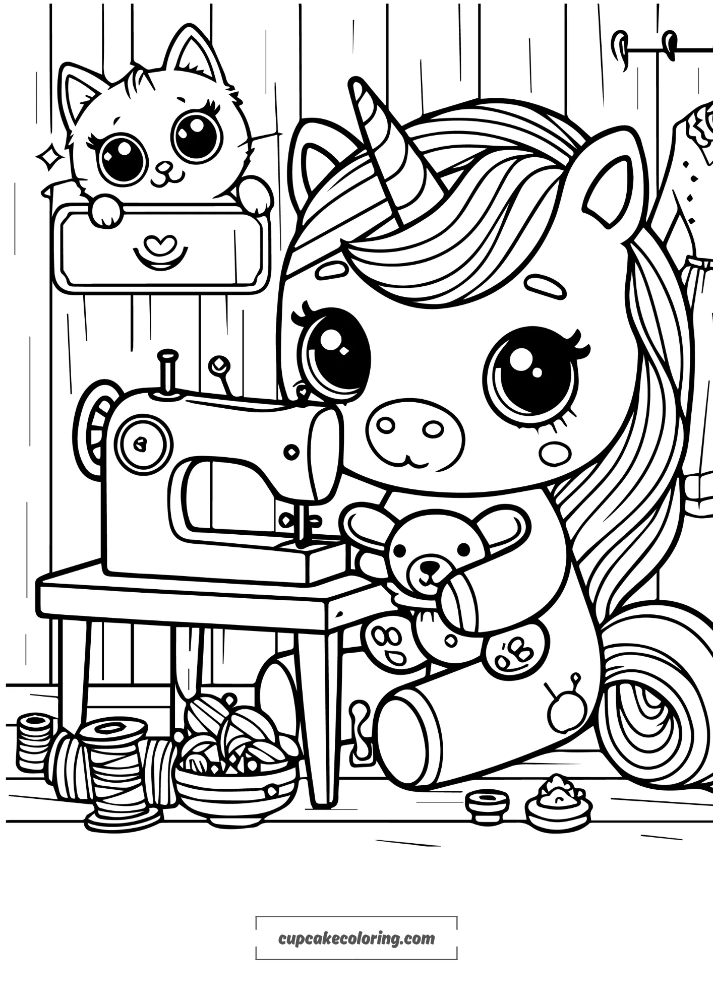 simple coloring page of an unicorn sewing a teddy bear in the sewing shop , a cute cat is watchin him from the bacground free printable