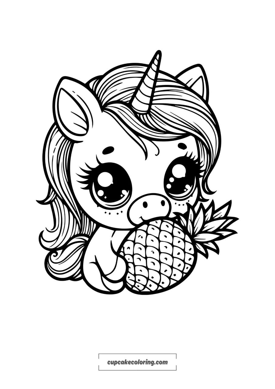 simple coloring page of an unicorn that eats an ananas