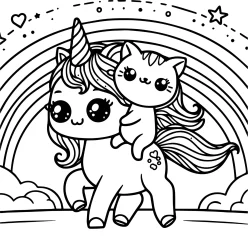 simple coloring page of an unicorn walking toward a rainbow , a cute cat is his comagnion and is riding him like a knight