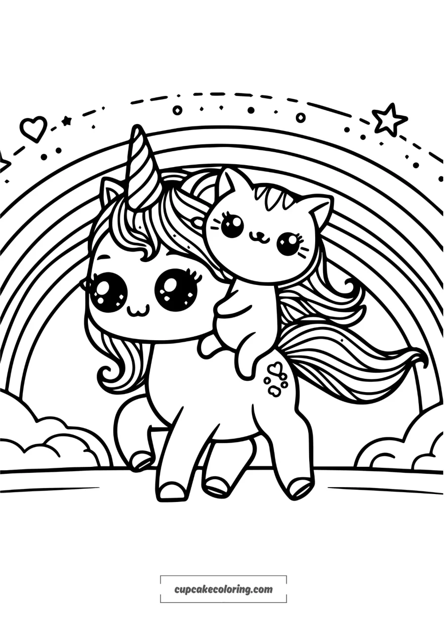 simple coloring page of an unicorn walking toward a rainbow , a cute cat is his comagnion and is riding him like a knight