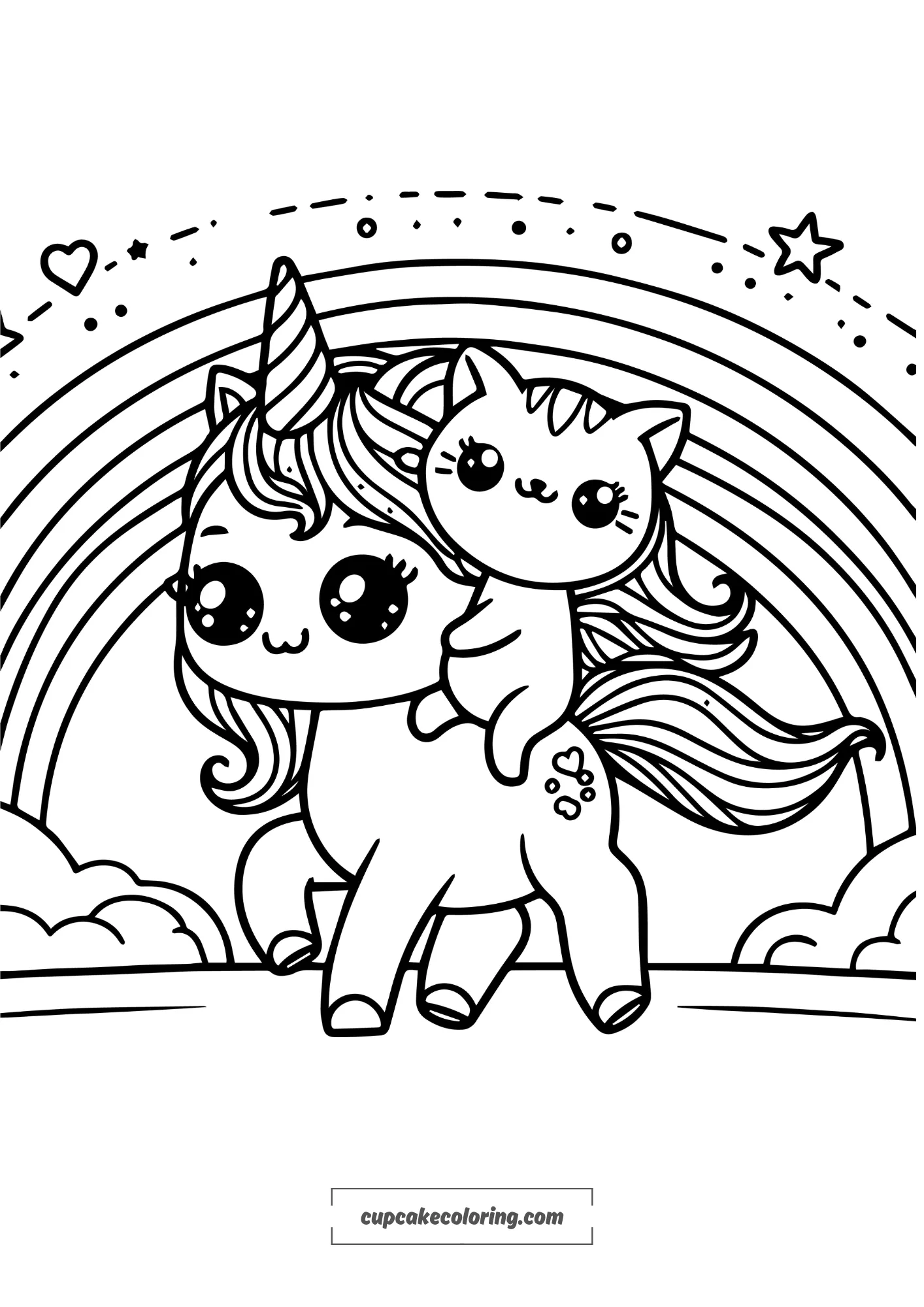 simple coloring page of an unicorn walking toward a rainbow , a cute cat is his comagnion and is riding him like a knight