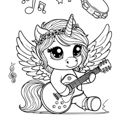 simple coloring page of an unicorn with wings playing a rock guitar