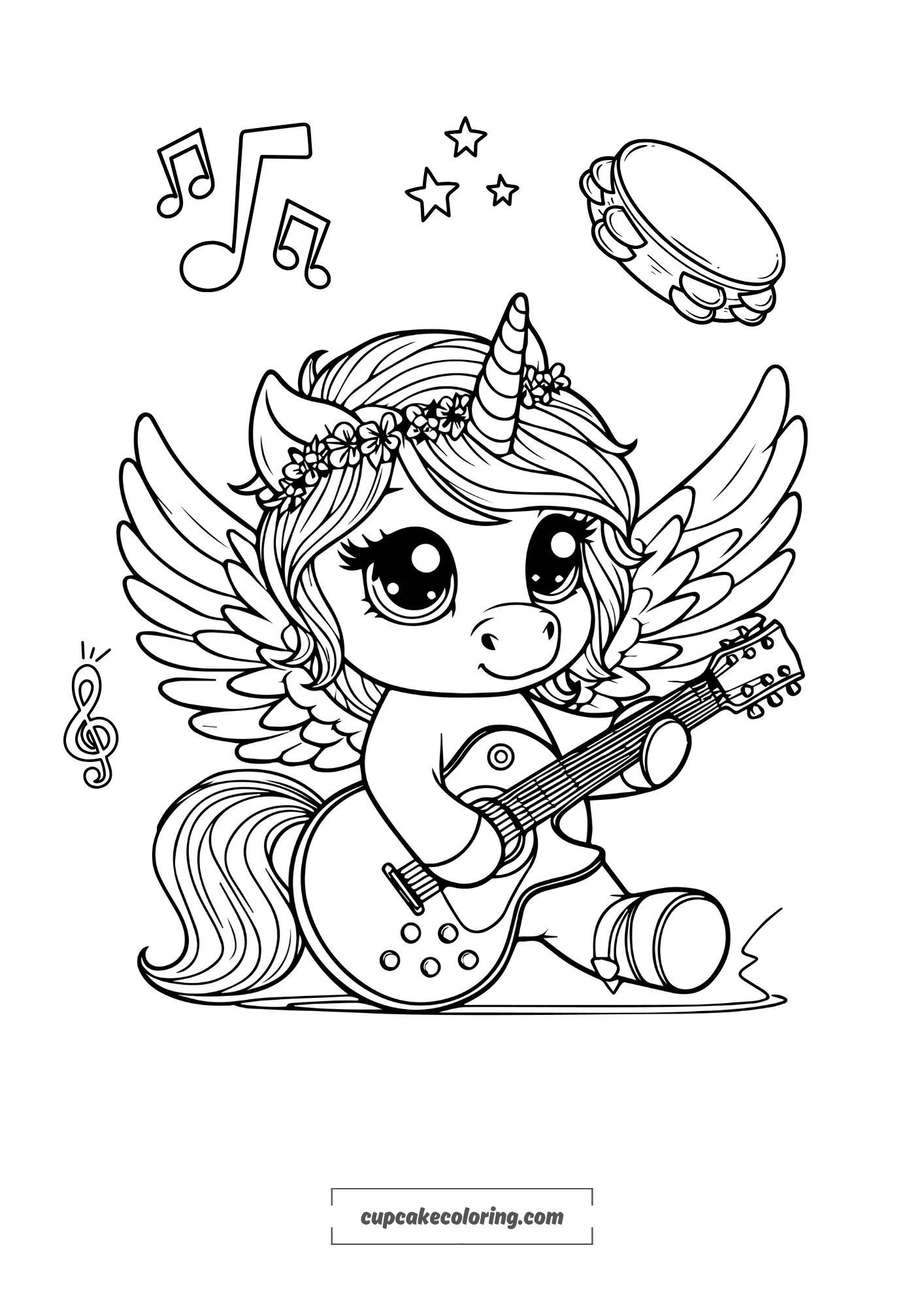 simple coloring page of an unicorn with wings playing a rock guitar