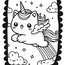 simple coloring page of funny cat with an unicorn horn flying with fluffy wings