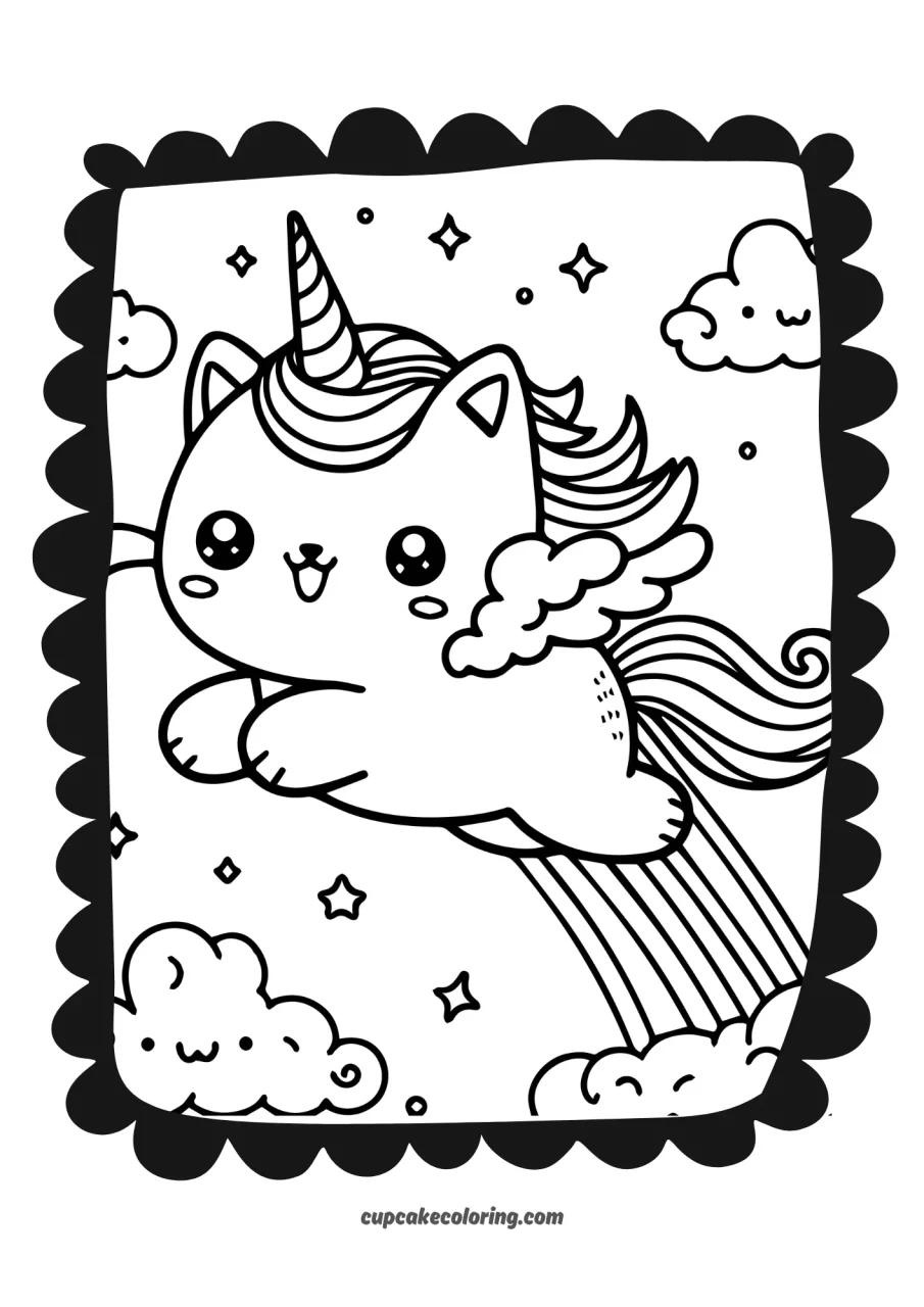 simple coloring page of funny cat with an unicorn horn flying with fluffy wings