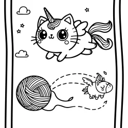 simple coloring page of funny unicorn cat flying with small wings chasing ball of wool with