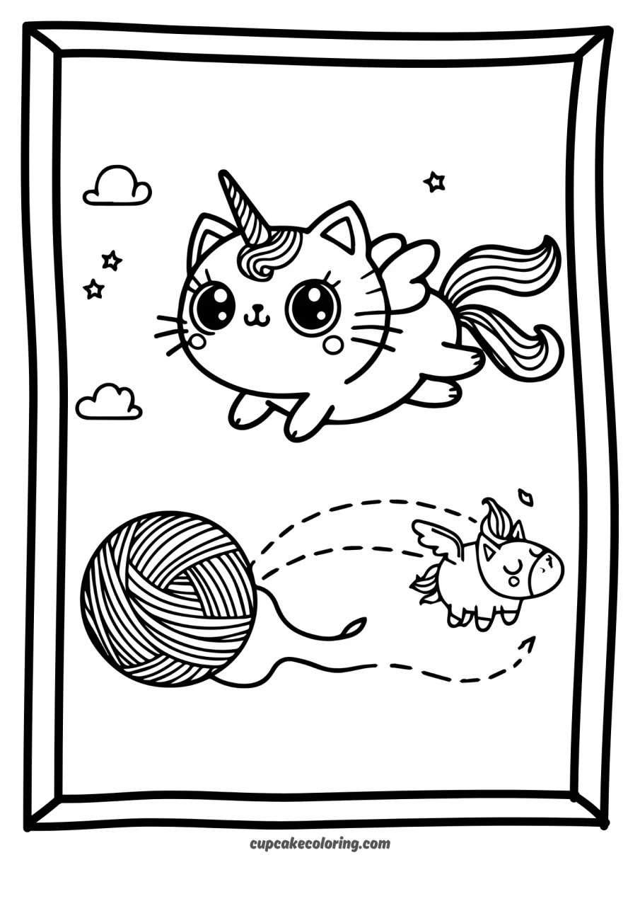 simple coloring page of funny unicorn cat flying with small wings chasing ball of wool with