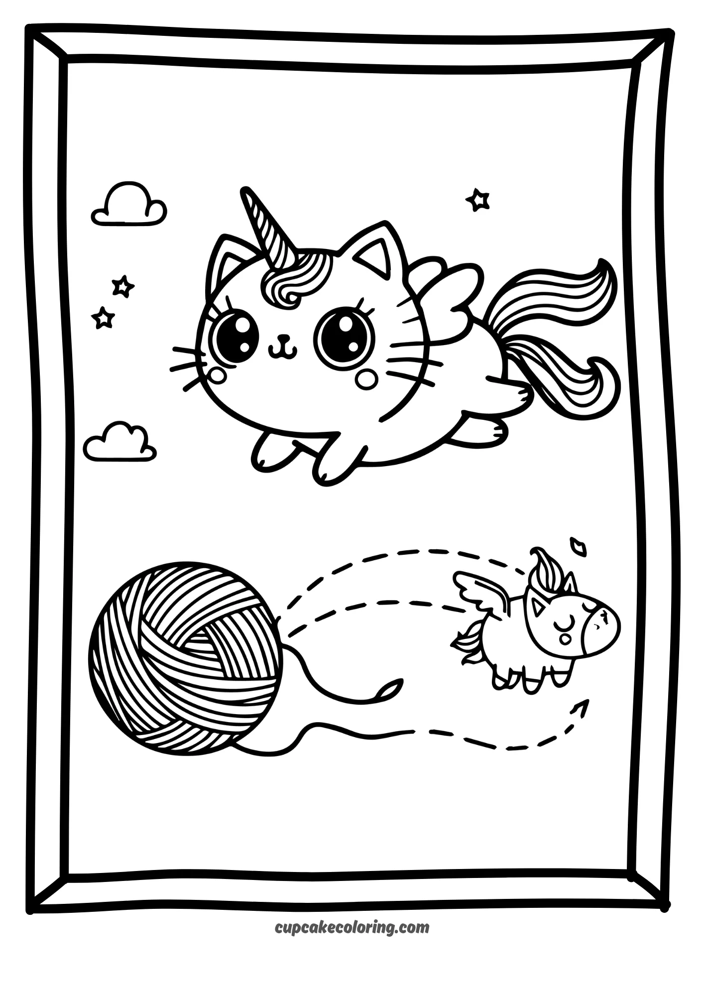 simple coloring page of funny unicorn cat flying with small wings chasing ball of wool with