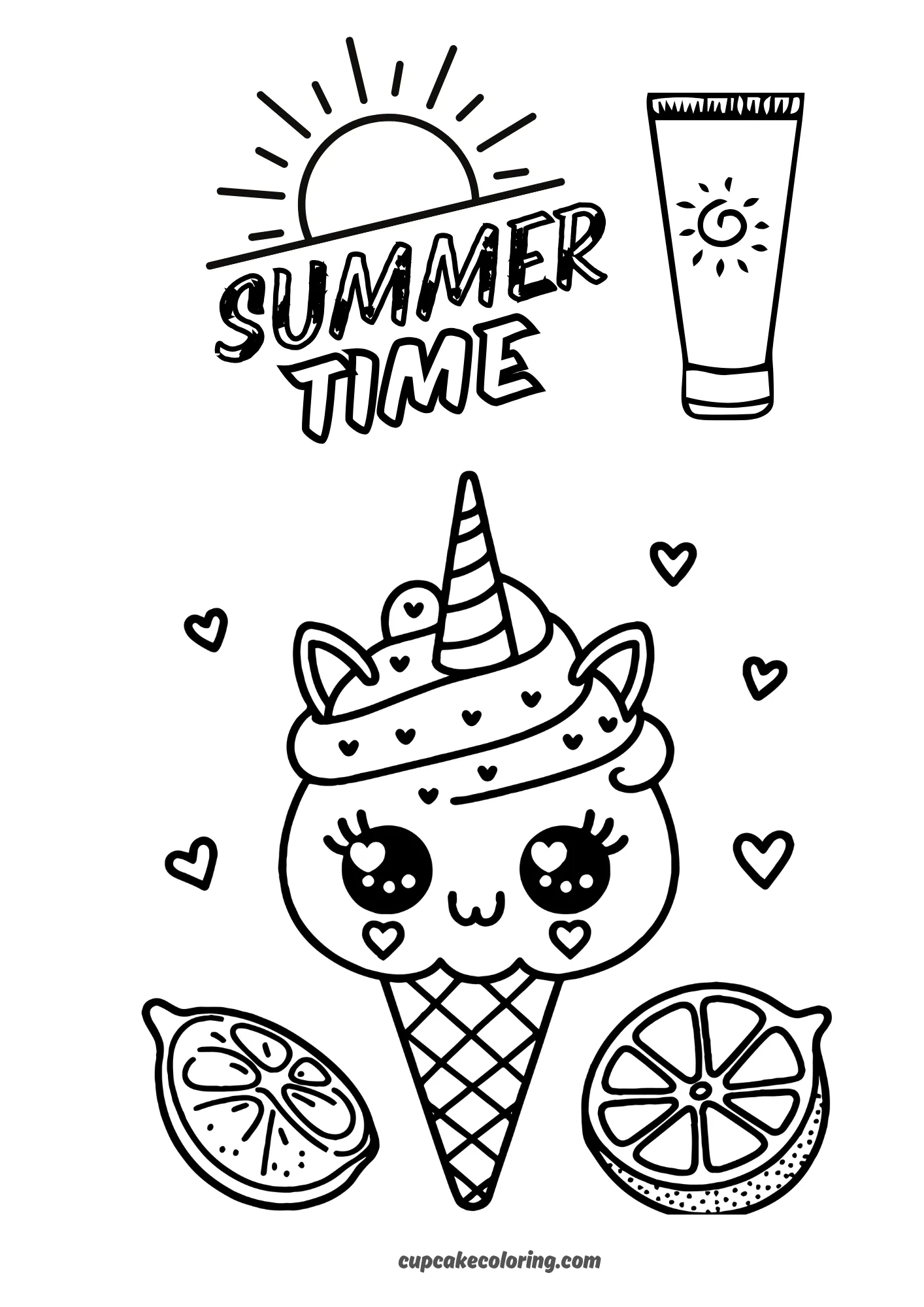 simple coloring page of ice cream with unicorn horn and ears lemons – free picture to print summer time