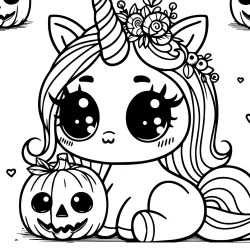 simple coloring page with an unicorn with pumpkins for halloween