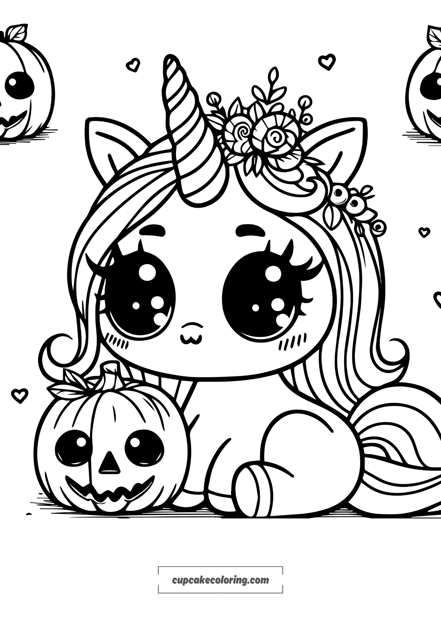 simple coloring page with an unicorn with pumpkins for halloween