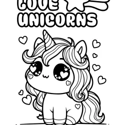 simple coloring page with big unicorn , with hearts in the eyes Kawaii Creature image to color free download