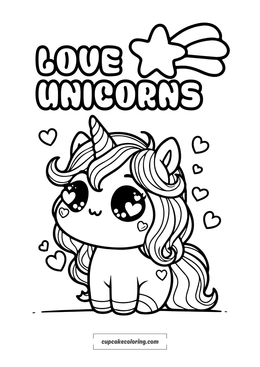 simple coloring page with big unicorn , with hearts in the eyes Kawaii Creature image to color free download