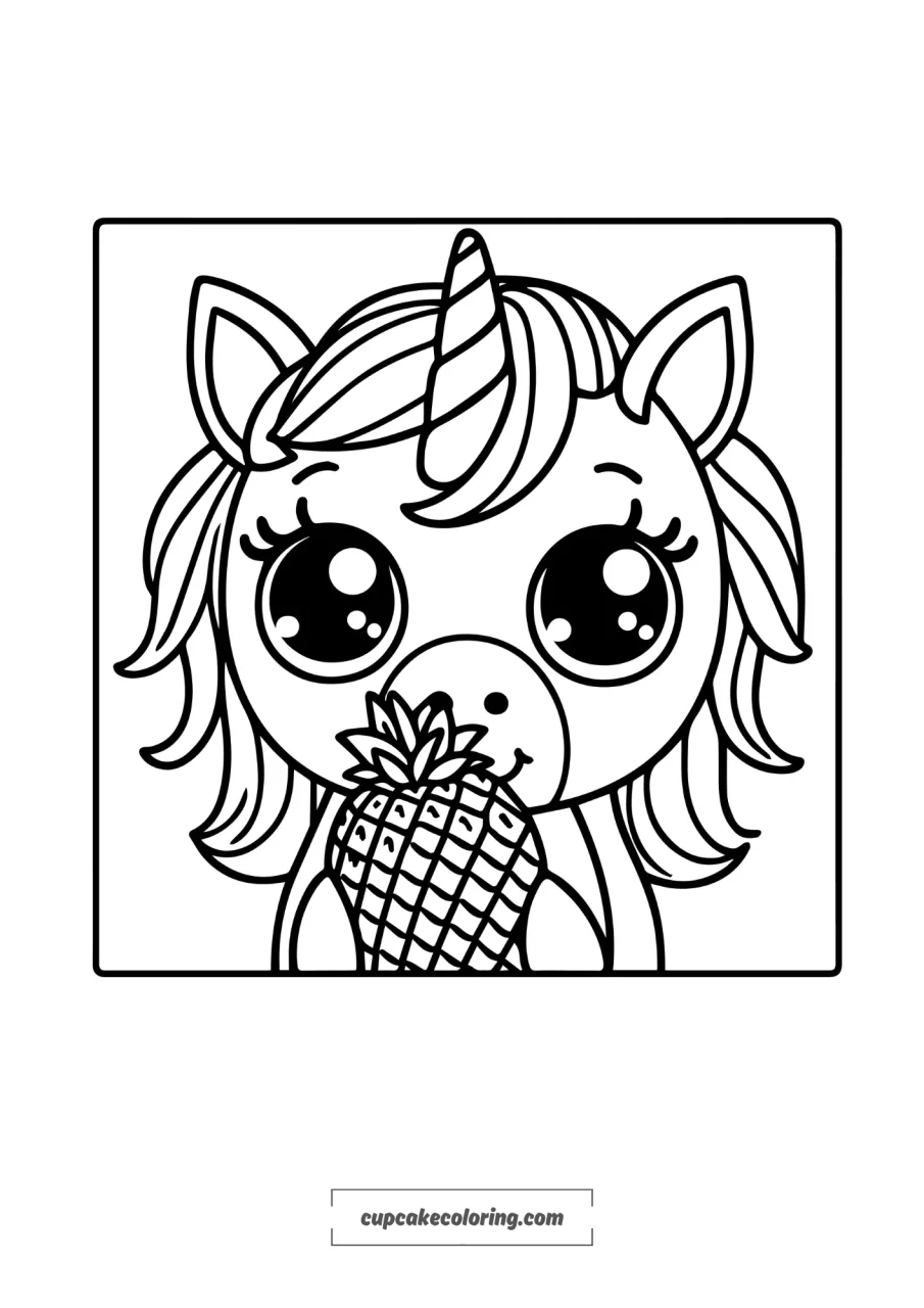 simple page to color in of an unicorn that eats an ananas