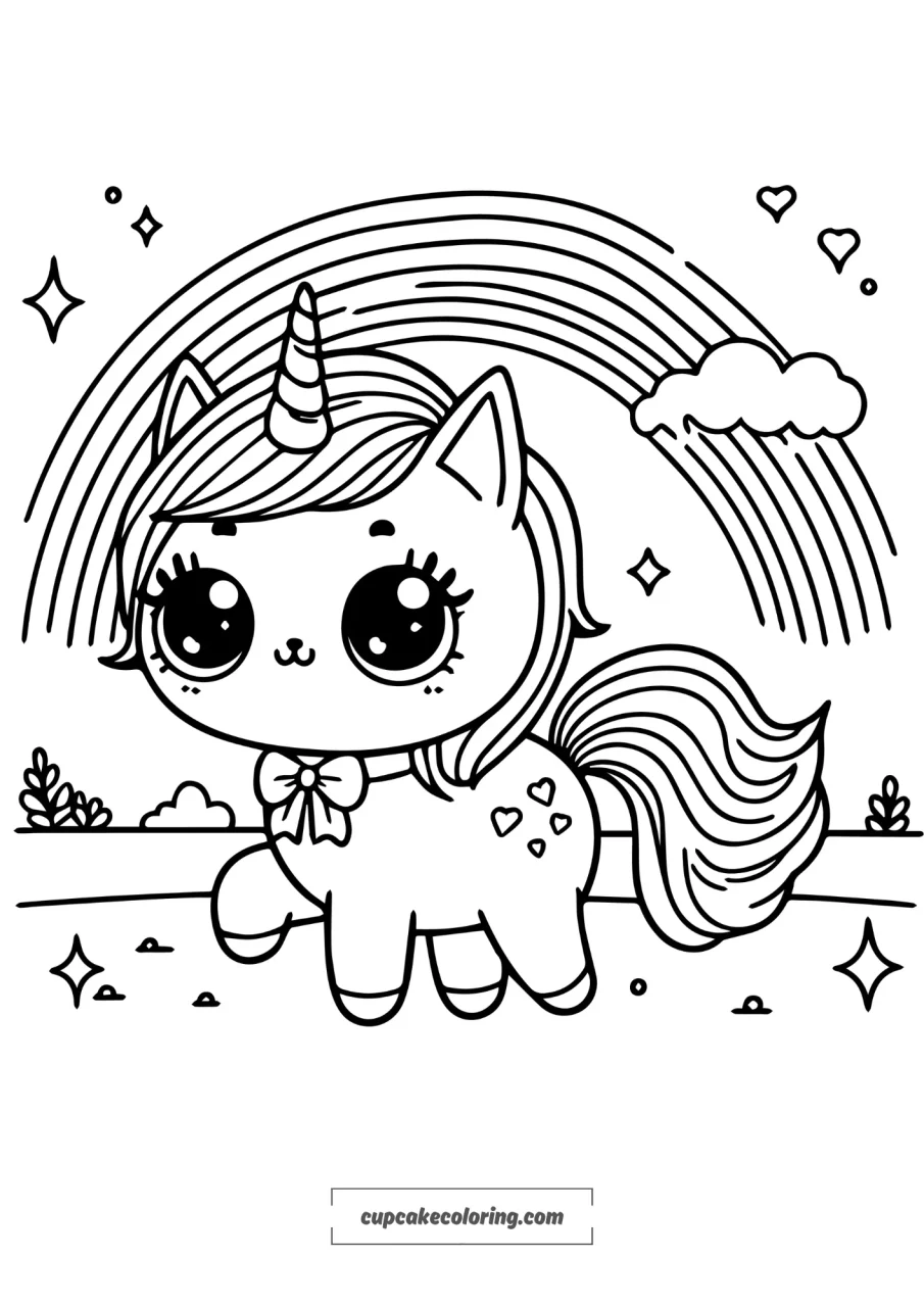 simple picture to color in of an unicorn cat walking toward a rainbow free printable