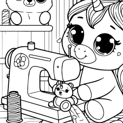 simple picture to color in of an unicorn sewing a teddy bear in the sewing shop