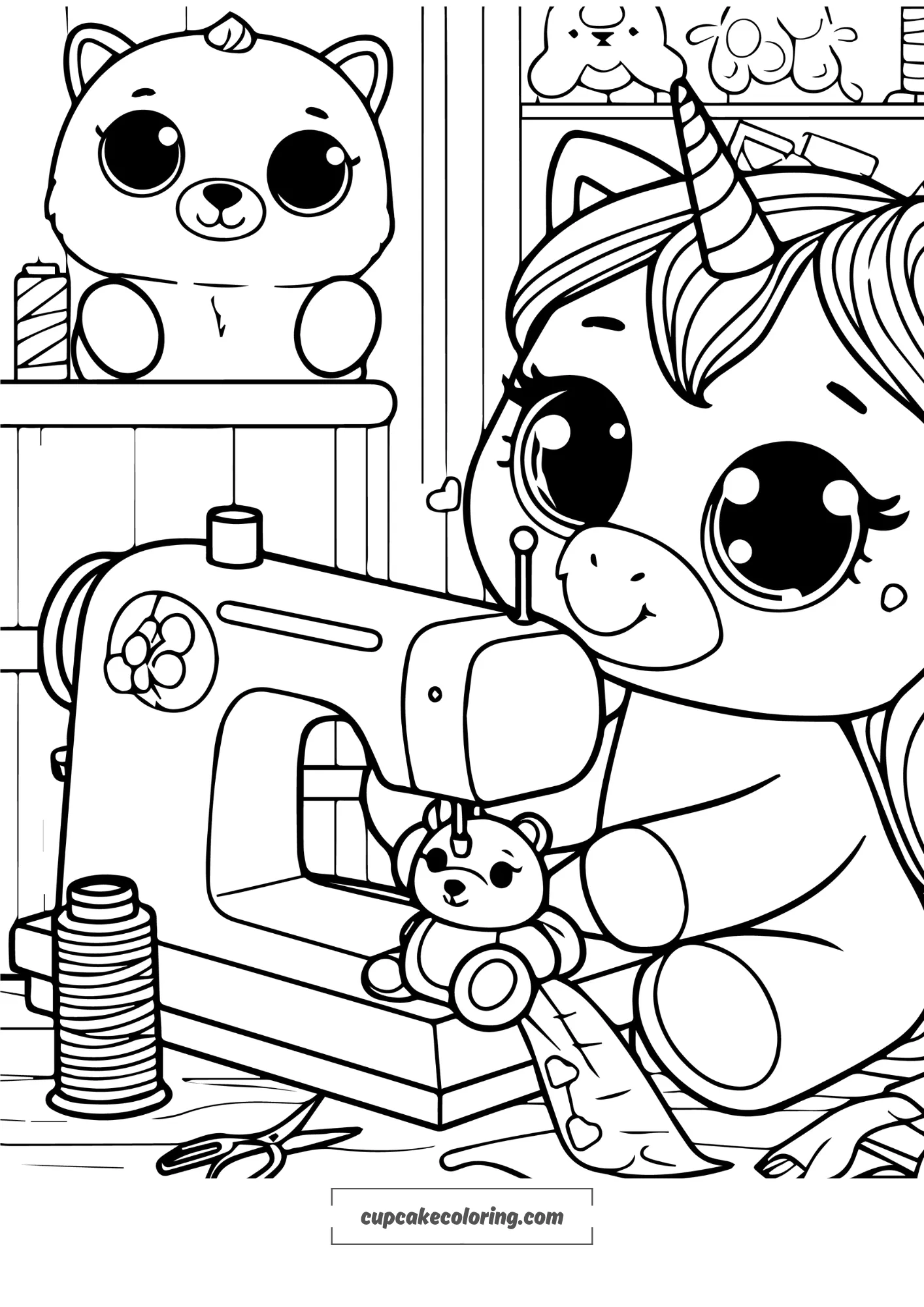 simple picture to color in of an unicorn sewing a teddy bear in the sewing shop