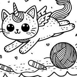 simple picture to color of funny unicorn cat flying with small wings, ball of wool with