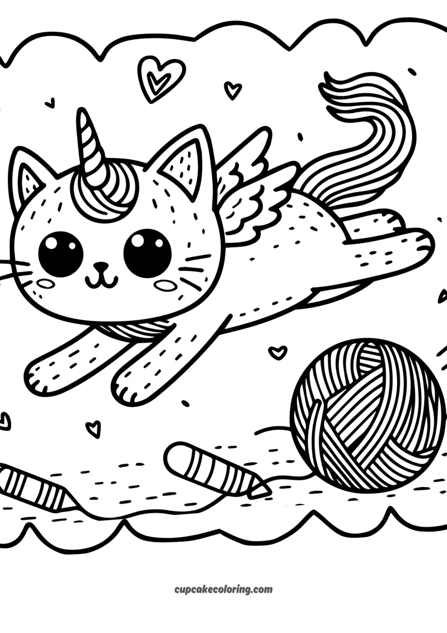 simple picture to color of funny unicorn cat flying with small wings, ball of wool with