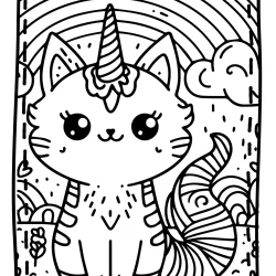 unicorn cat coloring page with rainbow and flowers to color