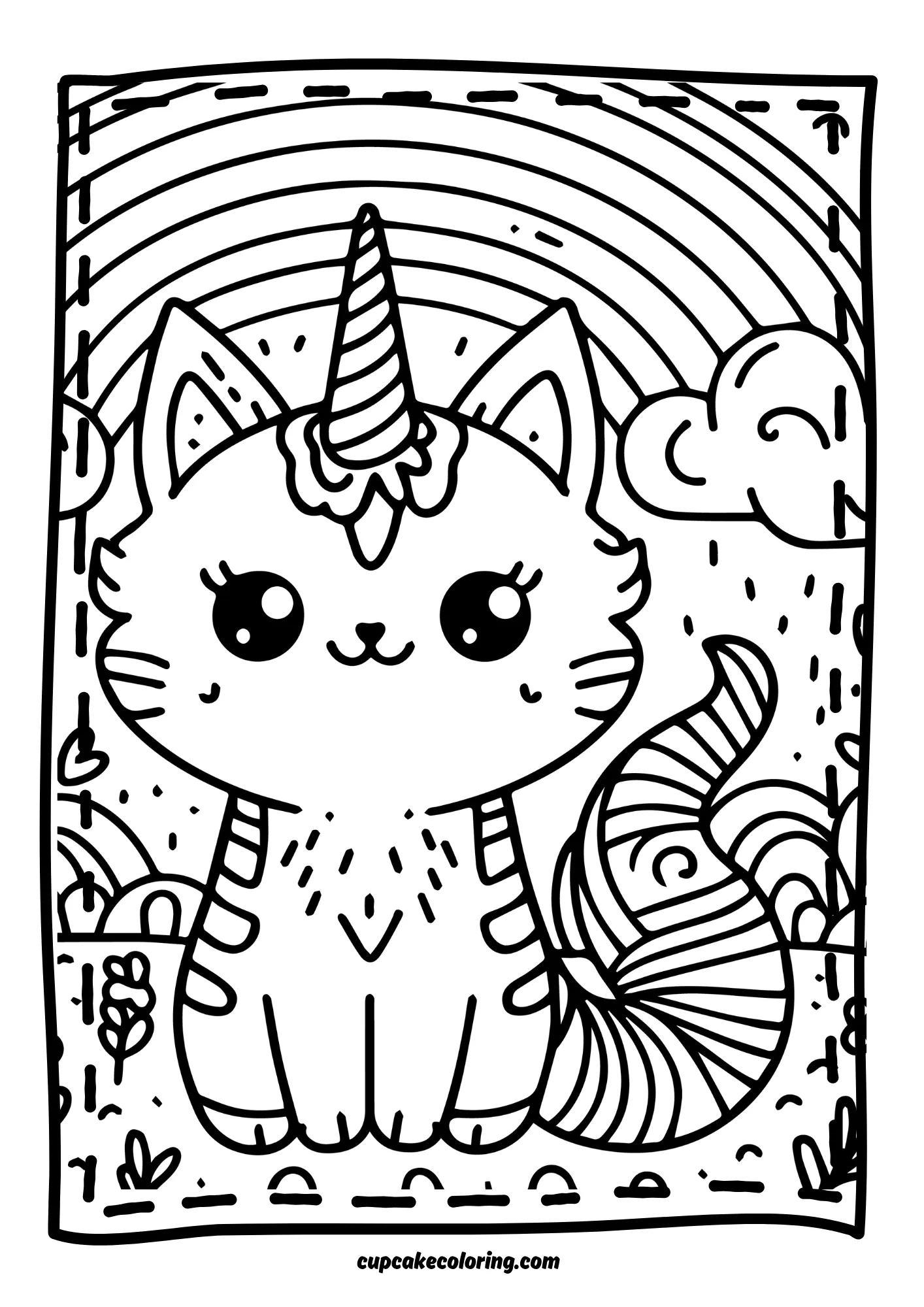 unicorn cat coloring page with rainbow and flowers to color