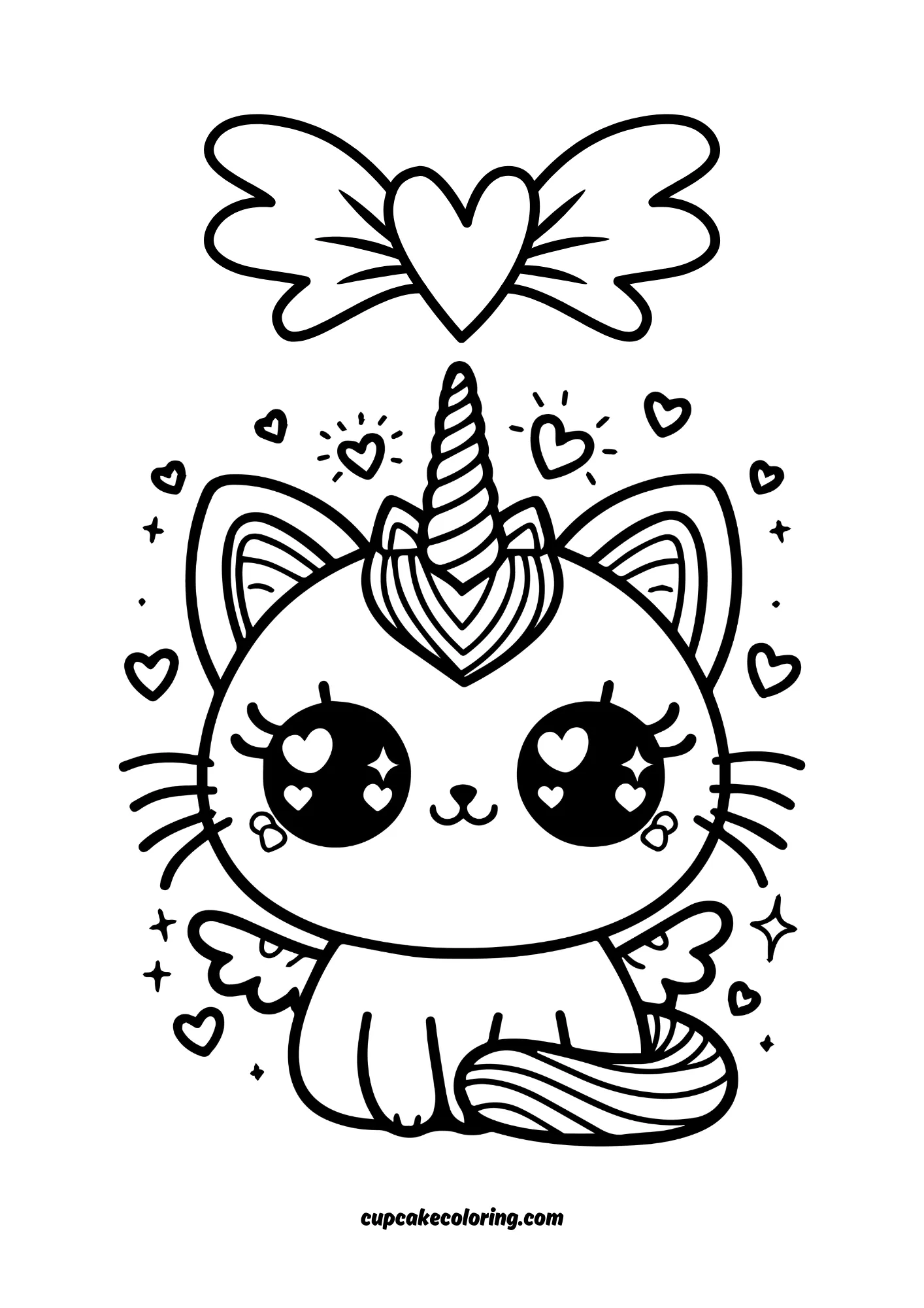 unicorn cat coloring page with wings easy to color for kids of age 5
