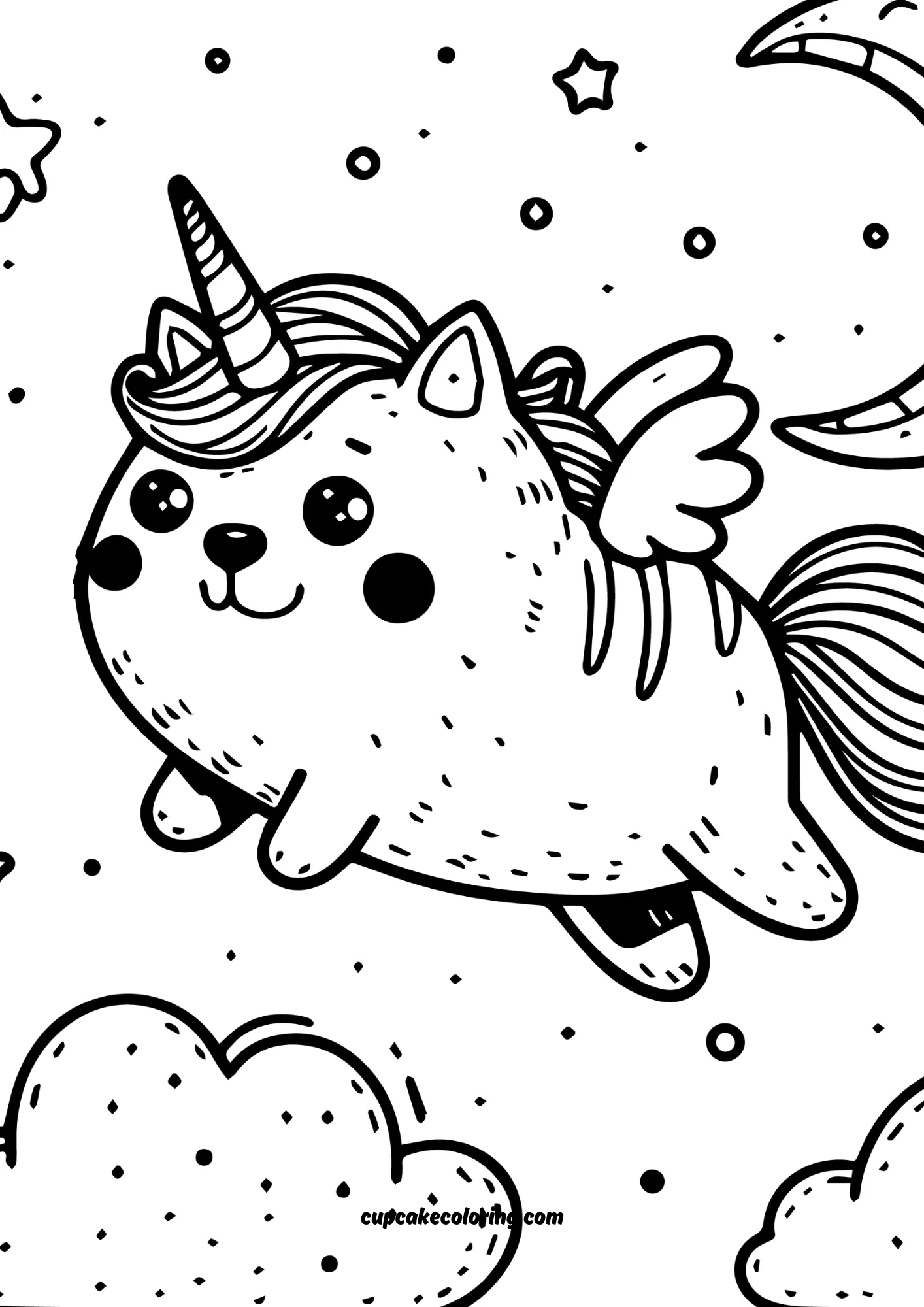 unicorn cat flying at night picture to colori in