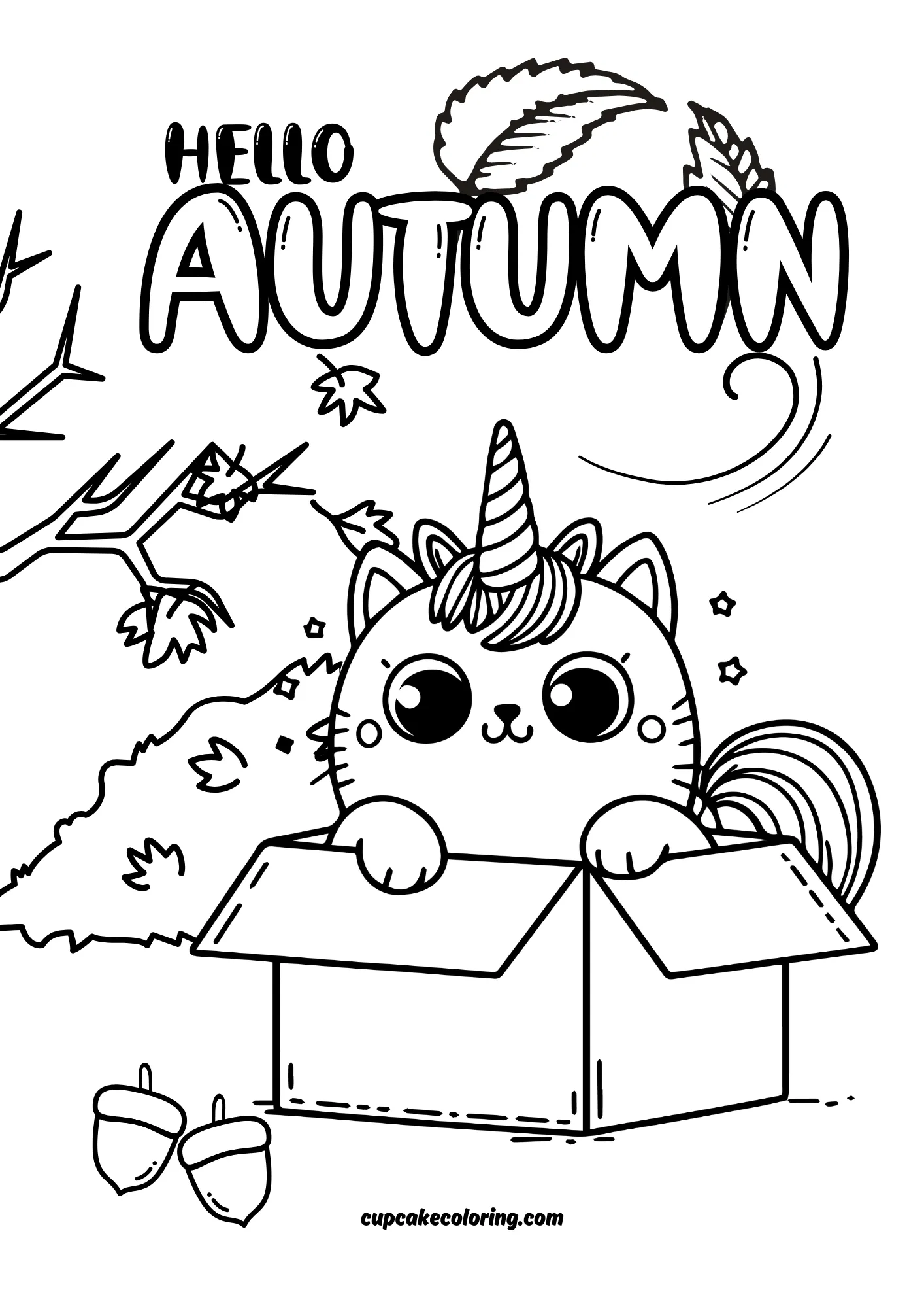 unicorn cat hiding in a box coloring for kids