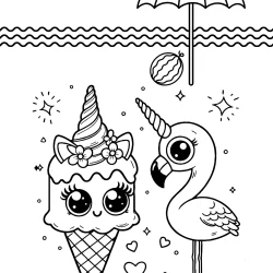 unicorn ice cream coloring page with adorable flamingo for kids to color