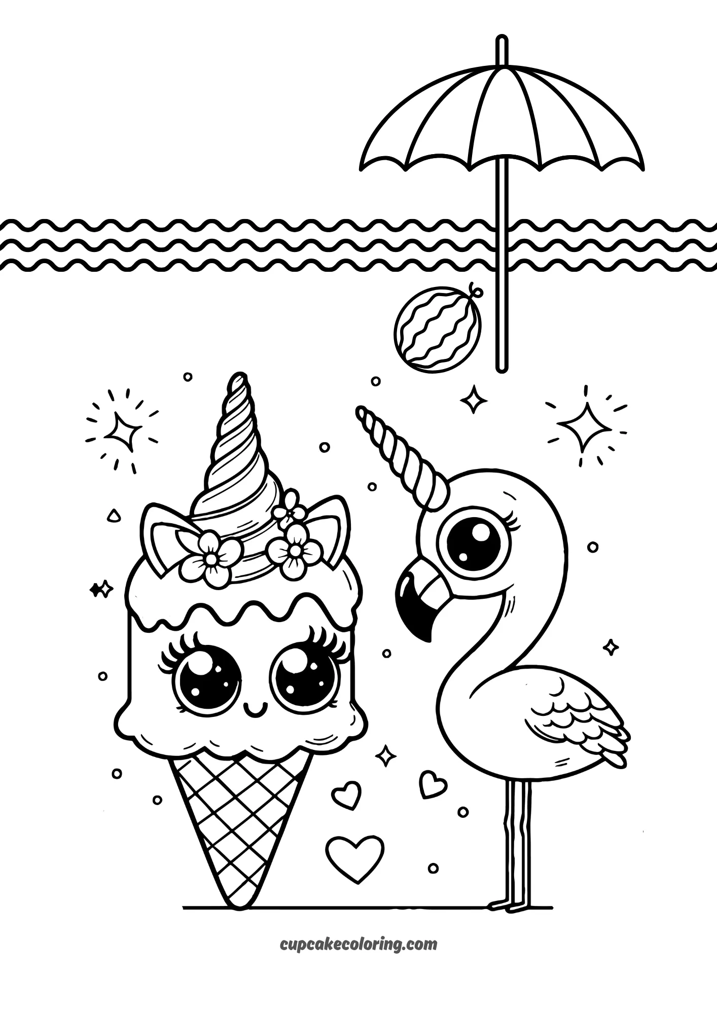 unicorn ice cream coloring page with adorable flamingo for kids to color