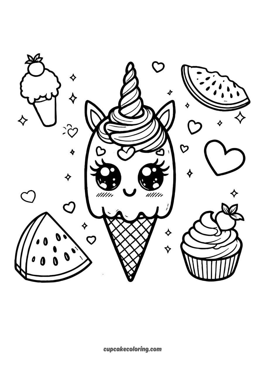 unicorn ice cream colouring pages cute printable summer watermelon cupcakes