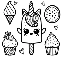 unicorn ice cream on a stick colouring pages with cupcakes free printable for kids