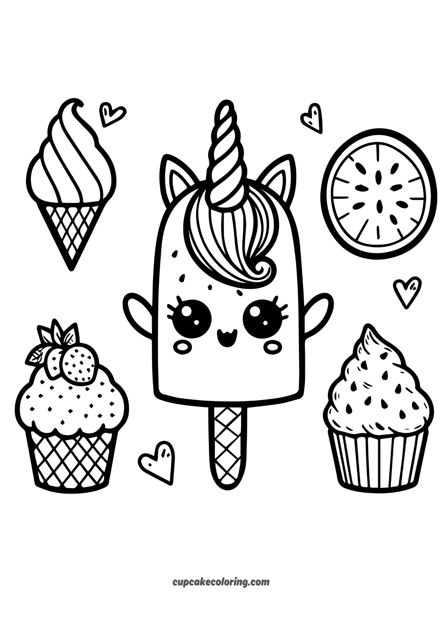 unicorn ice cream on a stick colouring pages with cupcakes free printable for kids