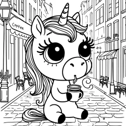 unicorn in paris coloring page in typical street drinking cofee free printable