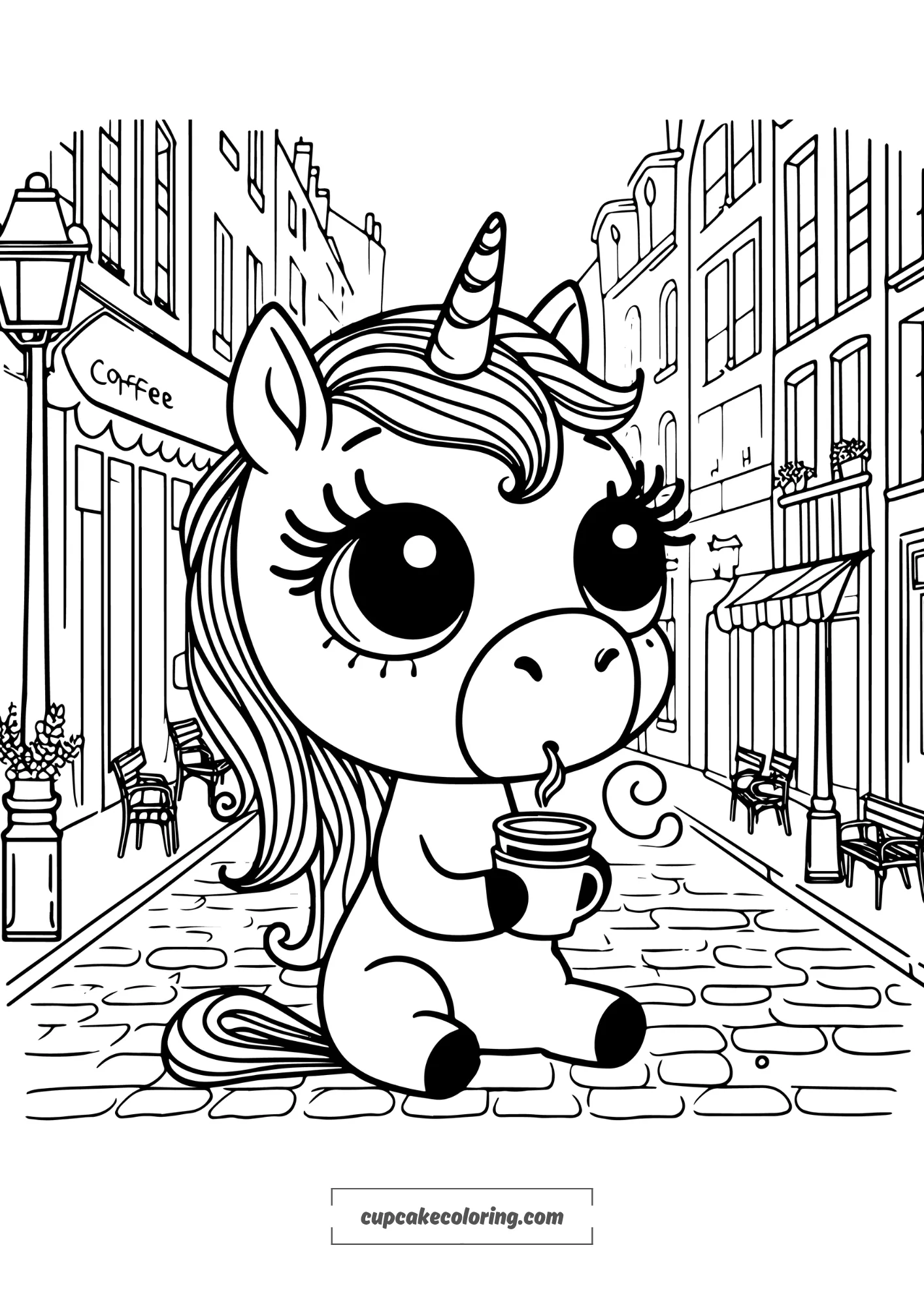 unicorn in paris coloring page in typical street drinking cofee free printable
