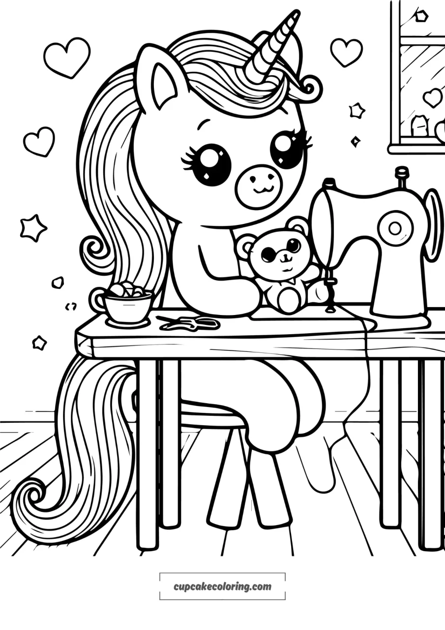 unicorn seamstress picture to color in with cute adorable teddy bear – free printable image