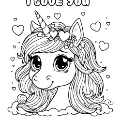 unicorn valentines coloring page with the insciprion i love you