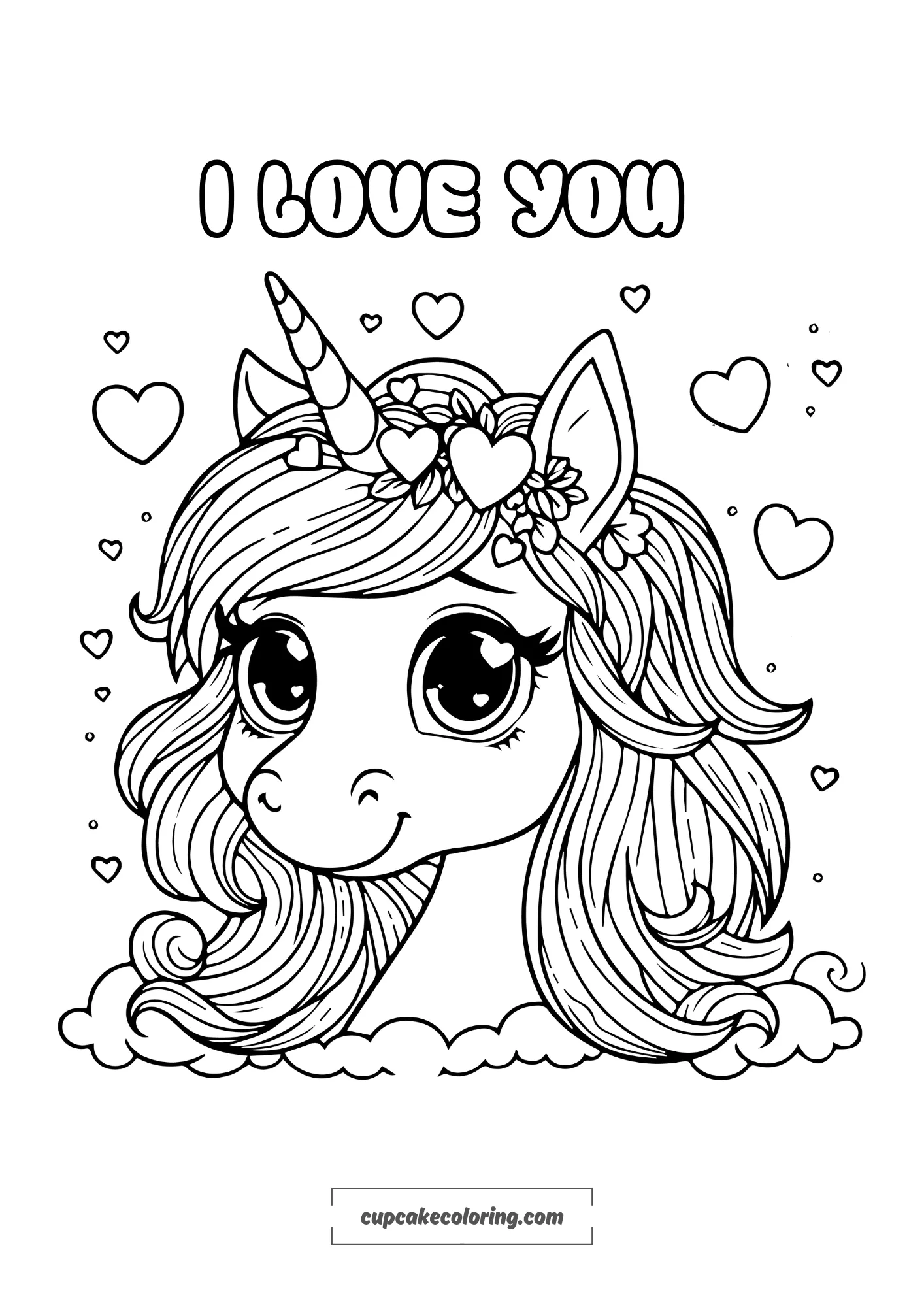 unicorn valentines coloring page with the insciprion i love you