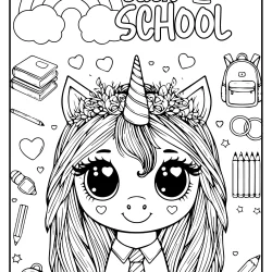 back to school coloring page wit unicorn and rainbow