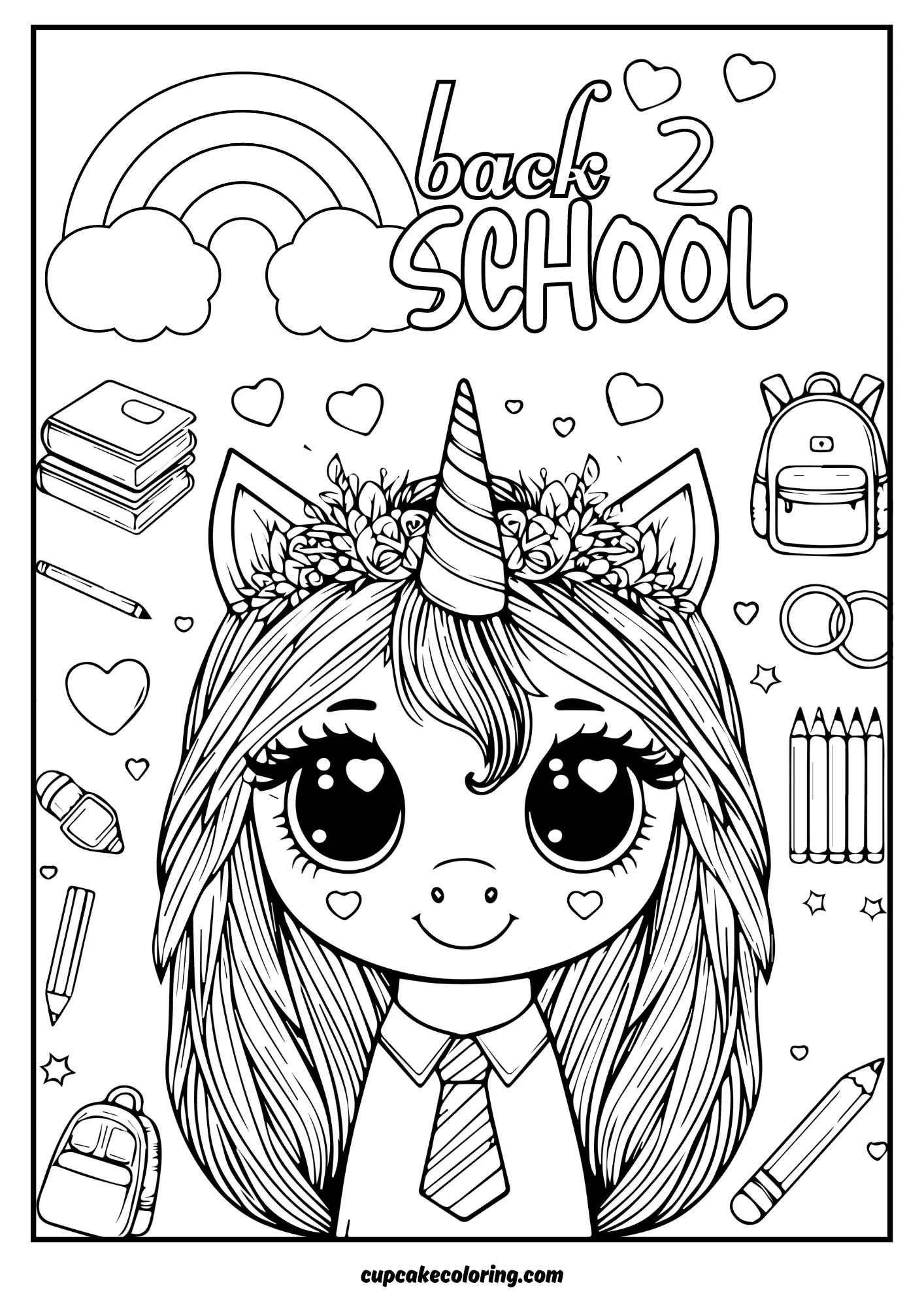 back to school coloring page wit unicorn and rainbow