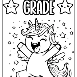 unicorn back to school – picture to color for first grade extra happy and enthusiastic jumping of happiness pritnable free