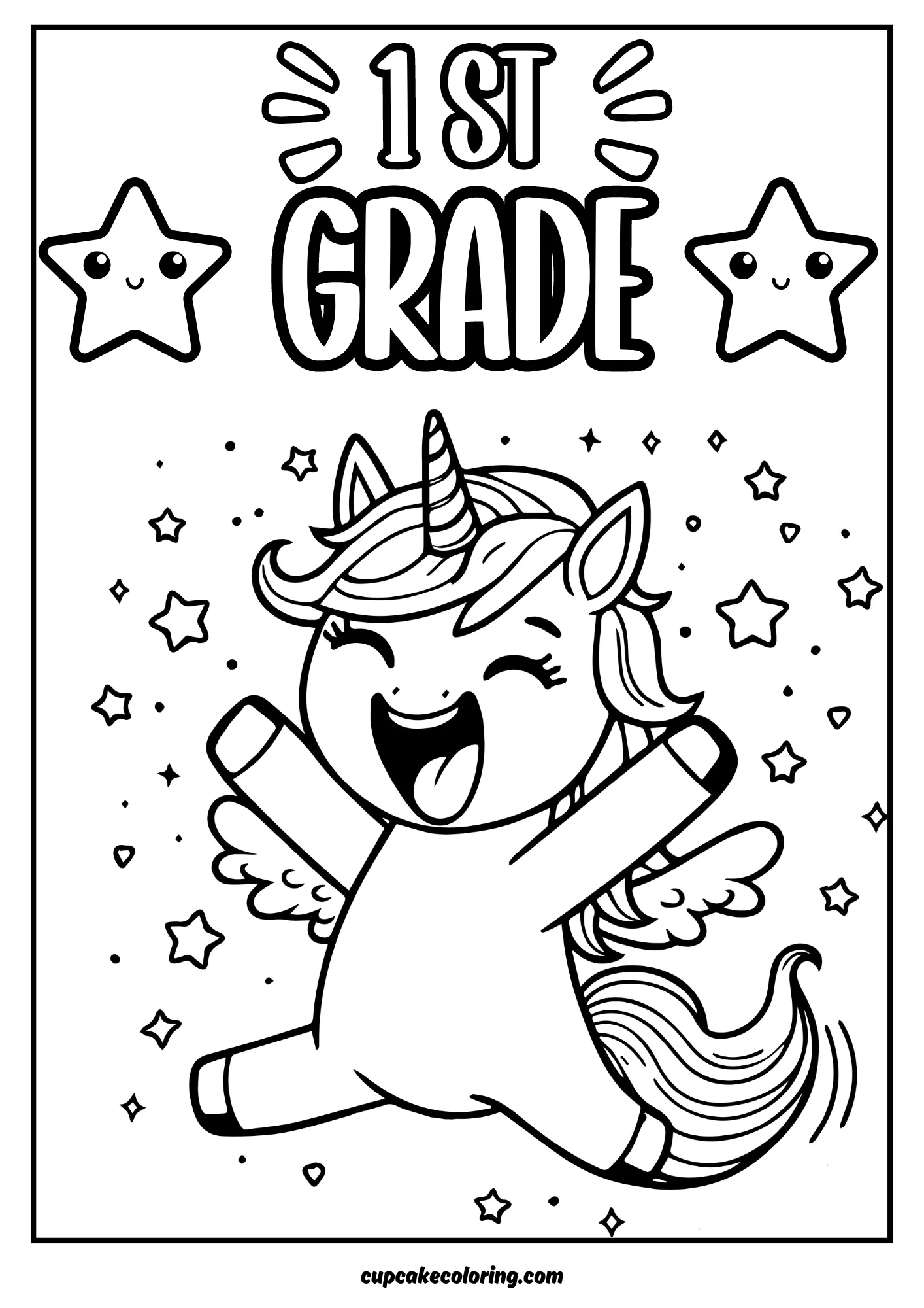 unicorn back to school – picture to color for first grade extra happy and enthusiastic jumping of happiness pritnable free