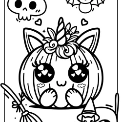 Adorable unicorn pumpkin coloring page with a bat, cat and skull